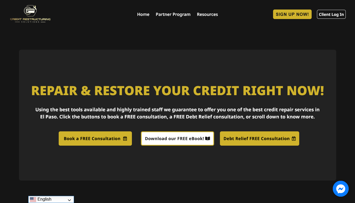 Screenshot of the main hero section from the website of Credit Restructuring Solutions